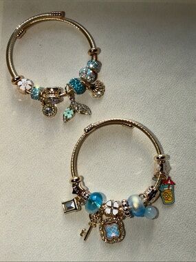 Gold Cable Charm Bracelet with Blue Aqua Glass Beads - Bundle of 2